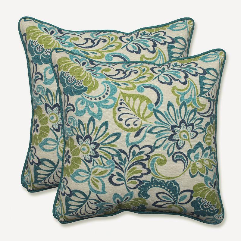 Zoe Blue and Green Floral Embroidered Outdoor Throw Pillows Set