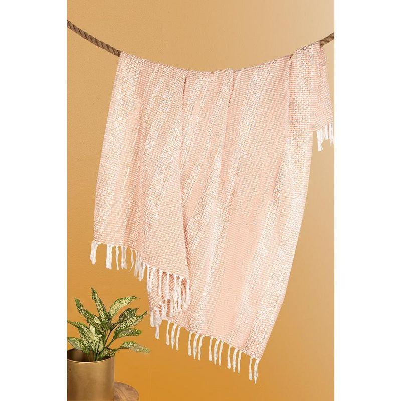 Blush and White Cotton Knotted Fringe Throw Blanket, 50x60