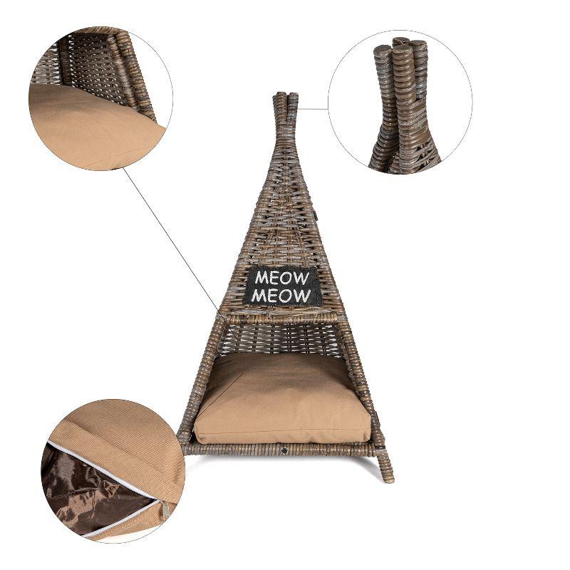 Tiki Tent 20" x 20" Coastal Handwoven Rattan Cat Bed with Machine-Washable Cushion, Kubu Gray