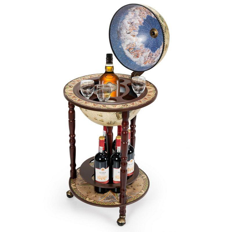 Tangkula 17" Wood Globe Wine Bar Stand 16th Century Italian Rack Liquor Bottle Shelf Cart