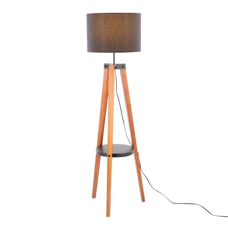 LumiSource Compass Mid-Century Modern Floor Lamp with Shelf in Walnut Wood Black Metal and Black Linen: Angled Legs, UL Listed, 60W