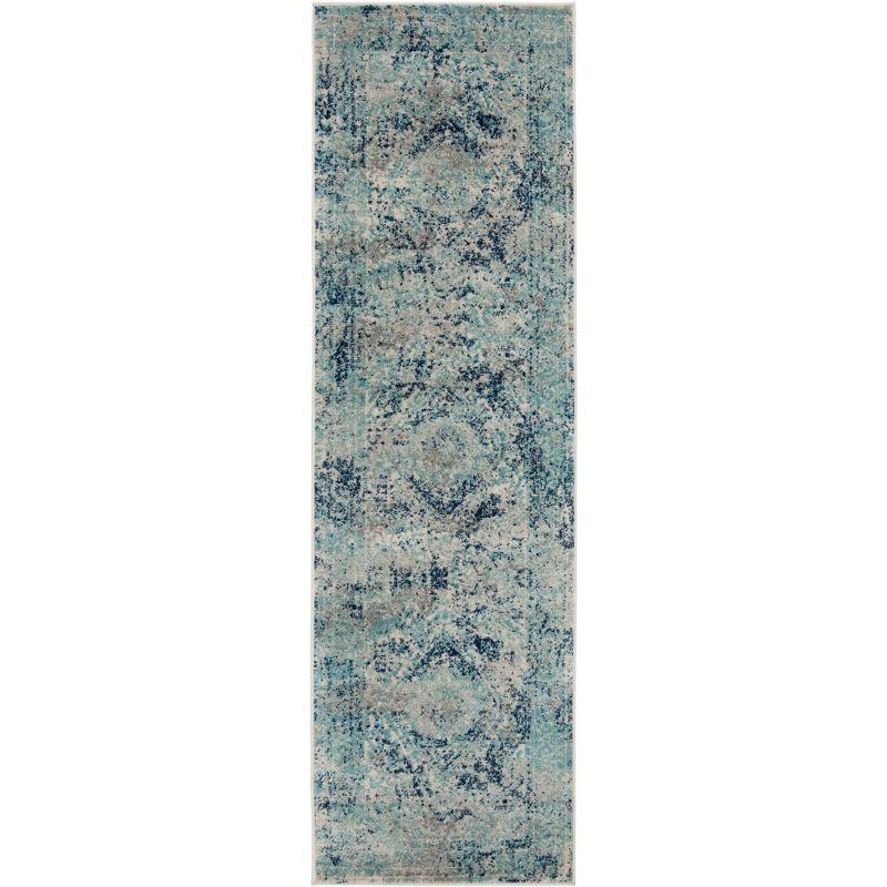 Ivory and Blue Floral Motif Synthetic Runner Rug