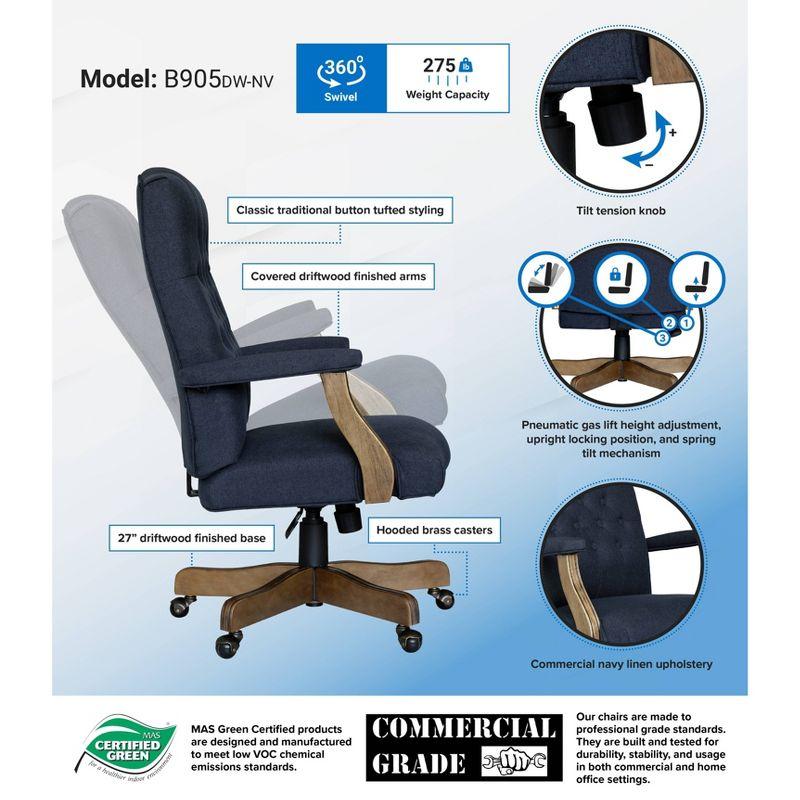 Traditional Executive Chair Navy - Boss Office Products: Commercial Grade, Driftwood Base, Brass Castors