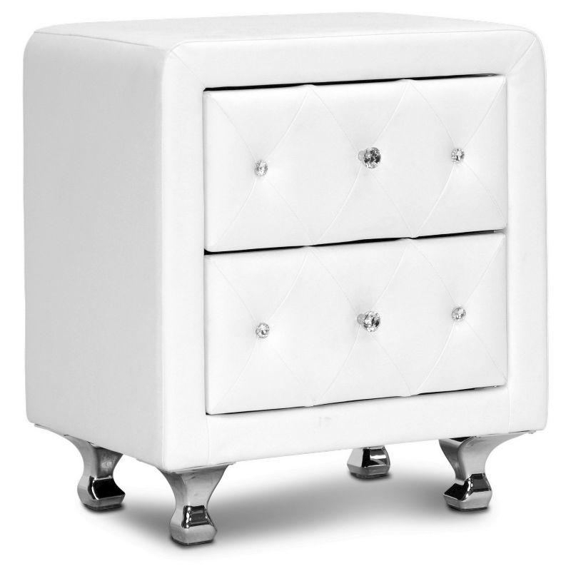 Stella White Faux Leather Nightstand with Crystal Buttons