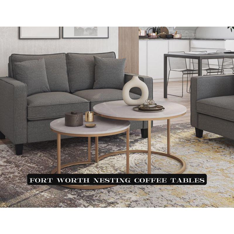 Set of 2 Marbled Finish Forth Worth Round Nesting Coffee Table White - CorLiving: Black Metal Legs, Accent Furniture