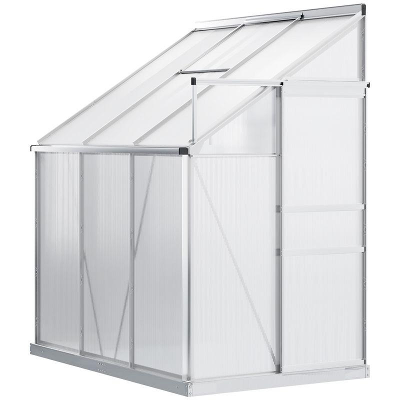 Outsunny 6' x 4' Aluminum Lean-to Greenhouse Polycarbonate Walk-in Garden Greenhouse with Adjustable Roof Vent, Rain Gutter and Sliding Door