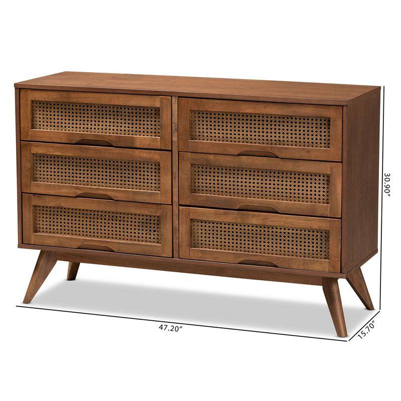 Barrett Wood & Synthetic Rattan Dresser: 6 Drawers, Angled Legs - Baxton Studio