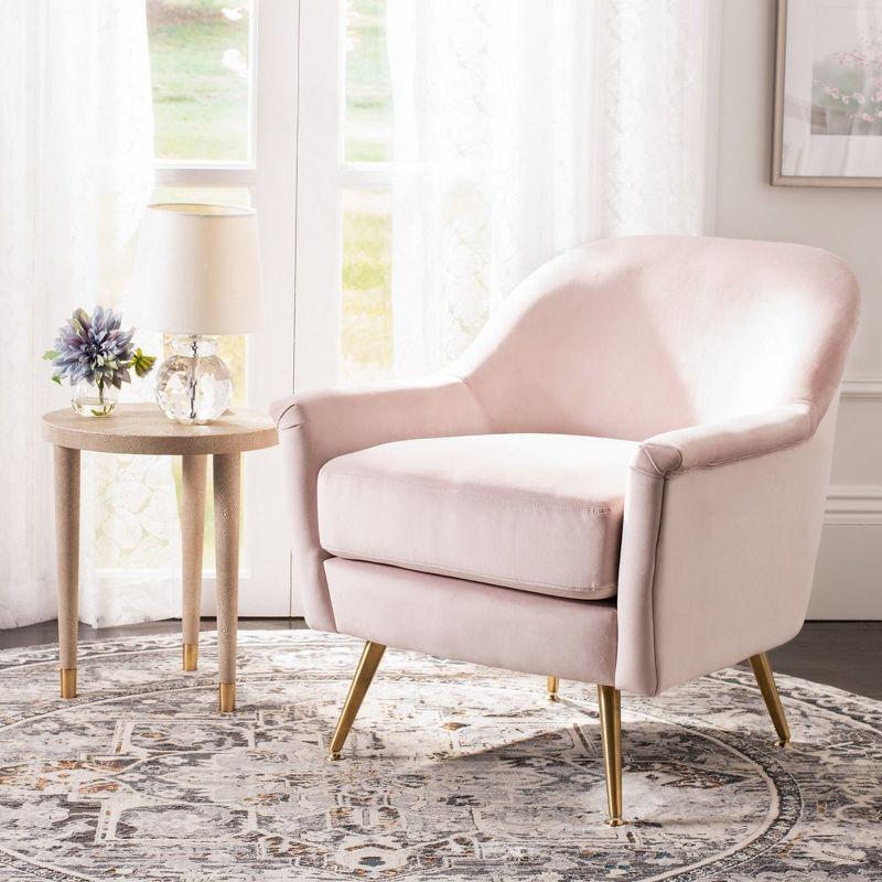 Blush Pink Velvet & Wood Contemporary Arm Chair with Brass Legs