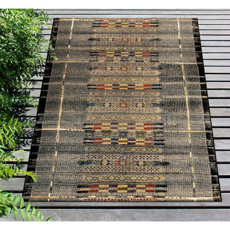 Tribal Stripe Black and Multicolor Synthetic 8' x 10' Indoor/Outdoor Rug