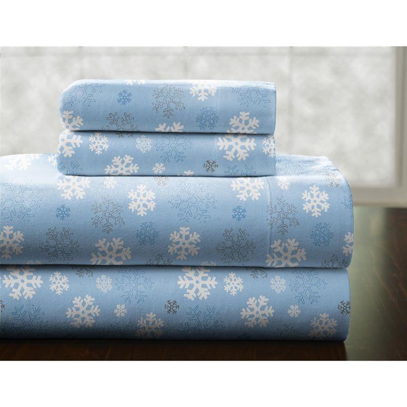 Full Snowflake Blue Cotton Flannel Sheet Set