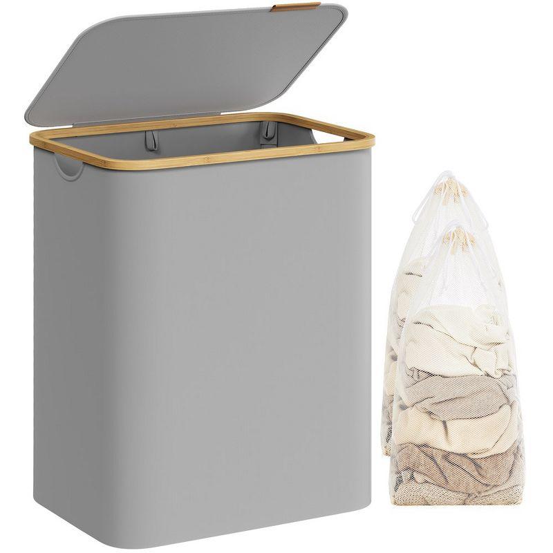 SONGMICS Laundry Hamper with Lid, 2-Section Large Laundry Basket, 34.3-gallon (130L), Removable Mesh Liner, Bamboo Handles, Collapsible, Dove Gray