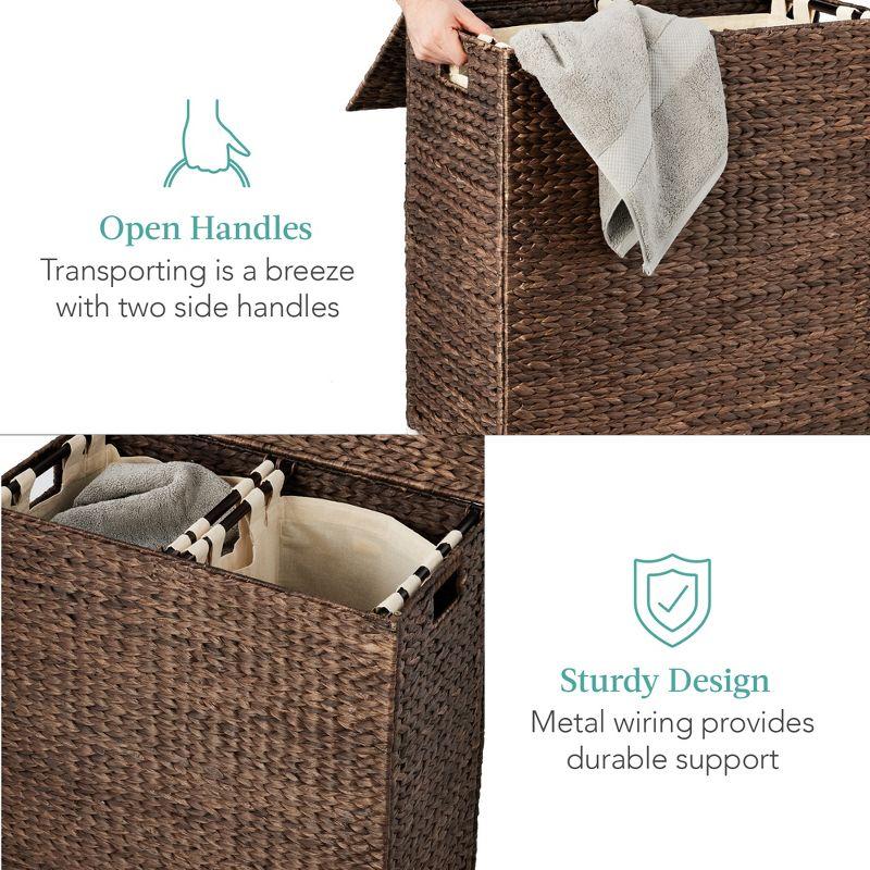 Best Choice Products Large Natural Water Hyacinth Double Laundry Hamper Basket w/ 2 Liner Bags, Handles - Espresso