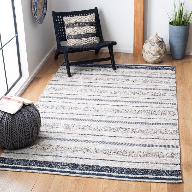 Ivory and Navy Handwoven Wool-Cotton Kilim Area Rug 59 in x 8 in