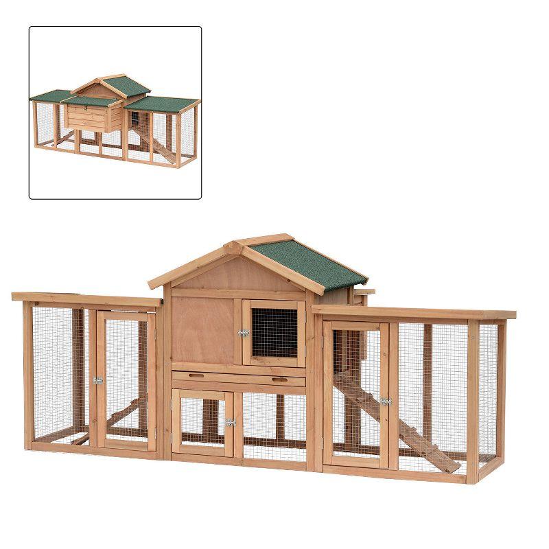 PawHut 80" Wooden Chicken Coop House, Backyard Hen Poultry Cage with Nesting Box, Double Run, Removable Tray and Asphalt Roof