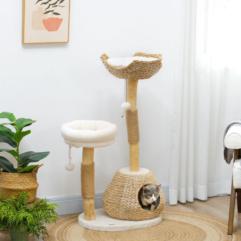 PawHut Cat Tree for Indoor Cats, 41" Cat Tower with Wooden Cat Scratching Posts, Cat Condo, Cat Beds & Toy Balls, Cream White