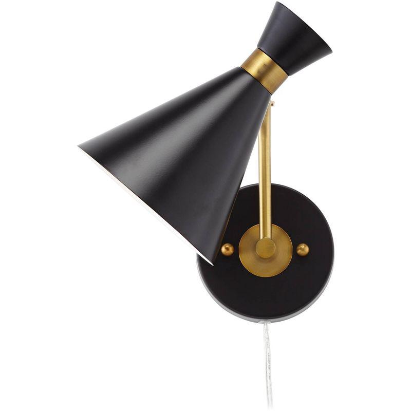 360 Lighting Venice Mid Century Modern Wall Lamp Matte Black Brass Plug-in 6 1/4" Light Fixture Adjustable Metal Cone Shade for Bedroom Living Room