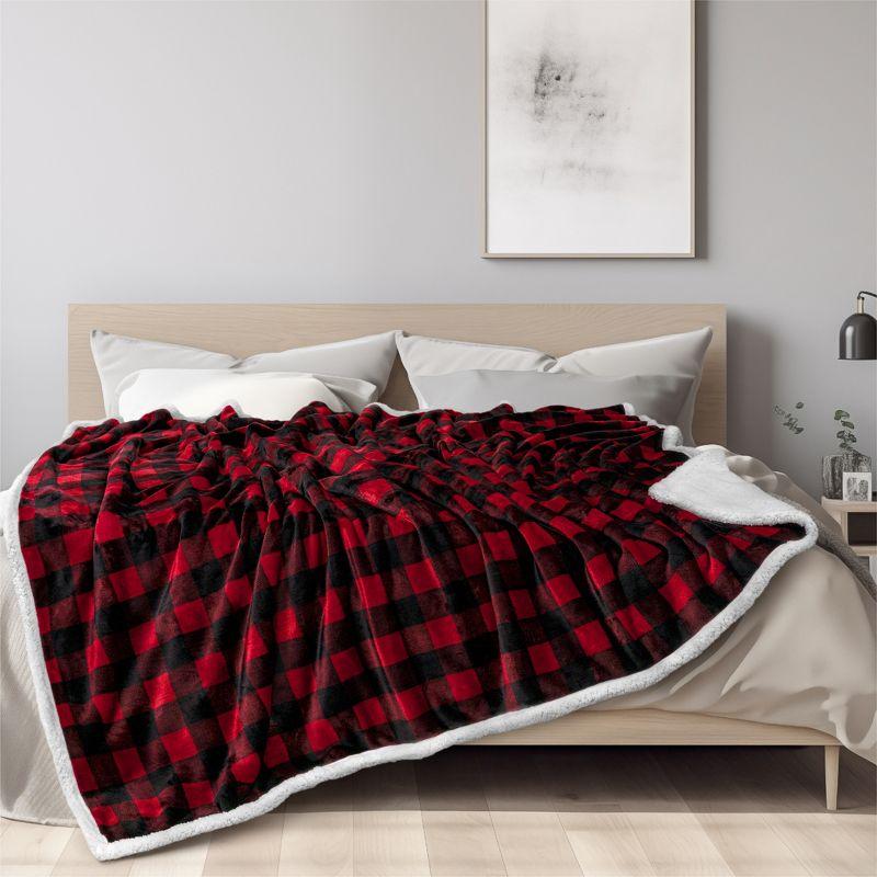 Red and Black Checkered Sherpa Fleece Reversible Throw Blanket