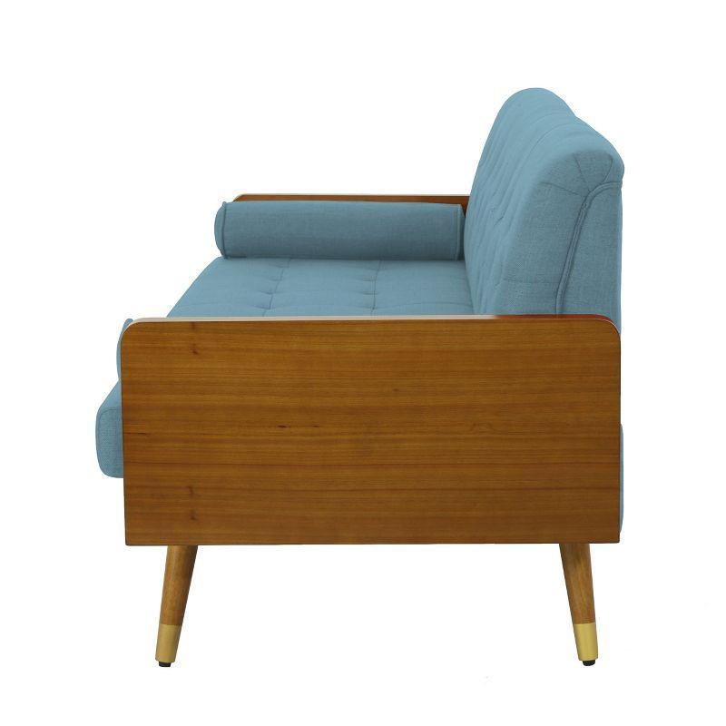 GDFStudio Aidan Mid Century Modern 72.25" Tufted Upholstered 3 Seater Sofa，Blue/Dark Walnut/Gold