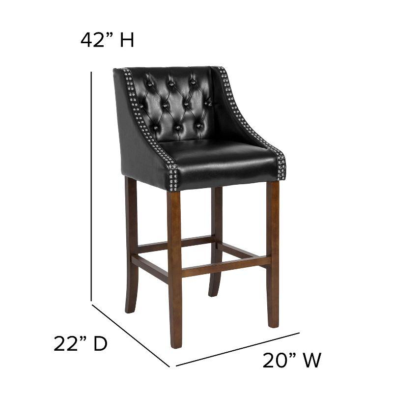 Black Tufted Leather and Walnut Wood Barstool with Nail Trim