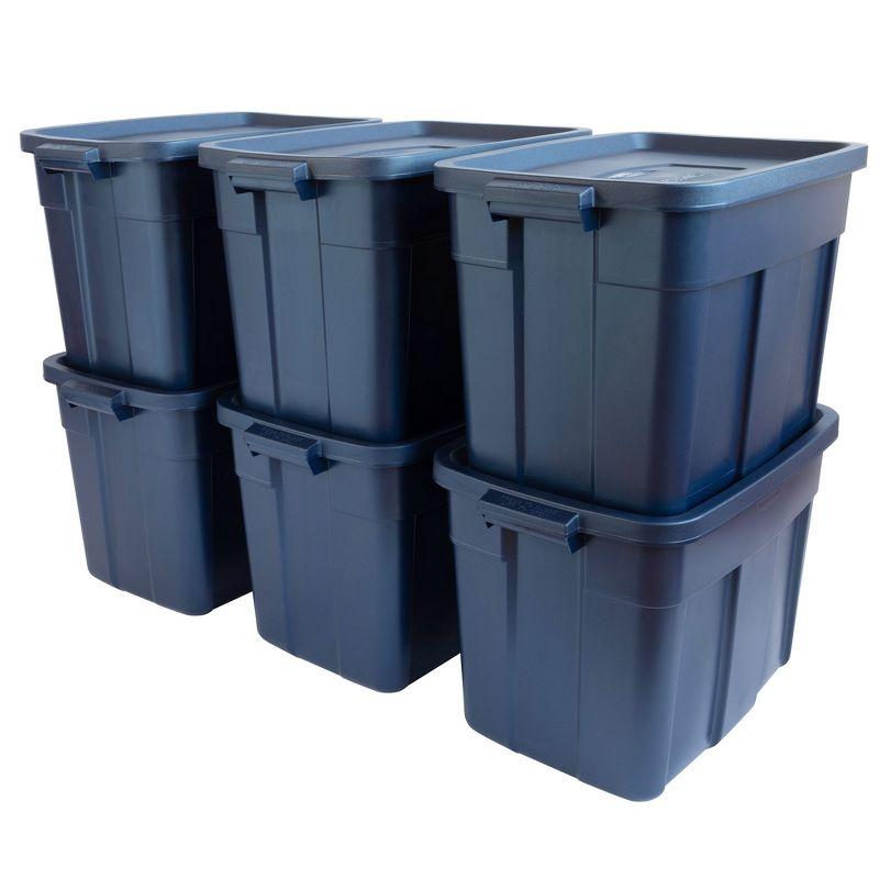 Rubbermaid Roughneck 18 Gallon Rugged Stackable Storage Tote with Lid and Handles for Home Usage, Dark Indigo Metallic, 6 Pack