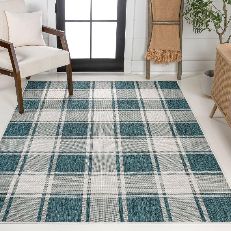 Turquoise and Cream Gingham 8' x 10' Synthetic Indoor/Outdoor Rug