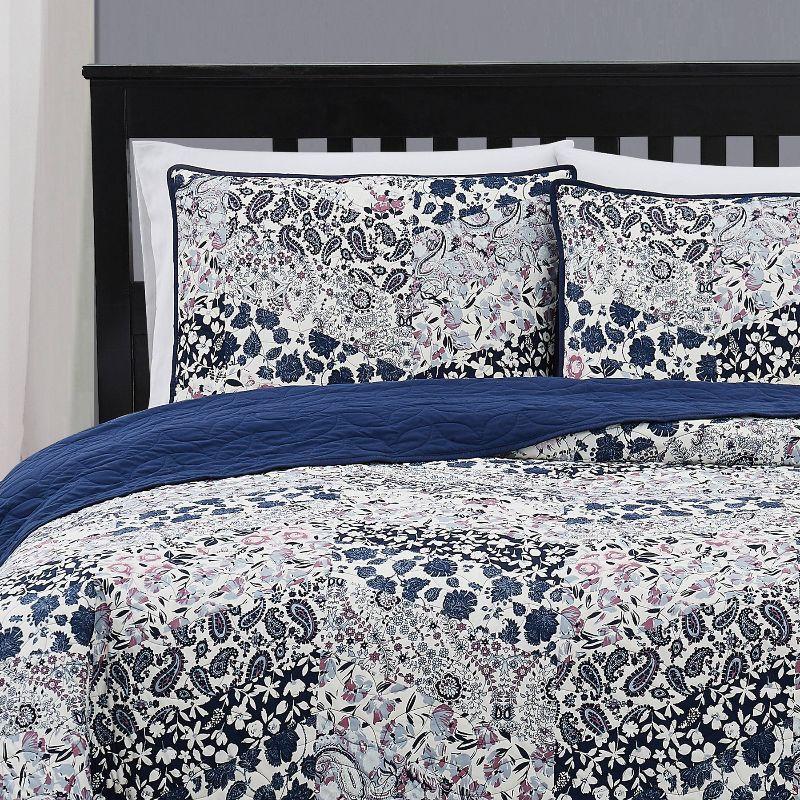 Chelsea Blue Floral Microfiber Full Quilt Set