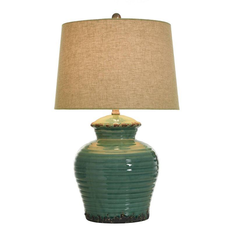 Turquoise Ceramic Table Lamp with Beige Hardback Linen Shade - StyleCraft: Rustic Bohemian Decor, No Assembly, UL Listed