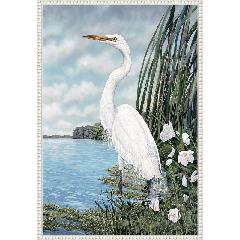 Great White Egret Coastal Scene Beaded Framed Canvas Art