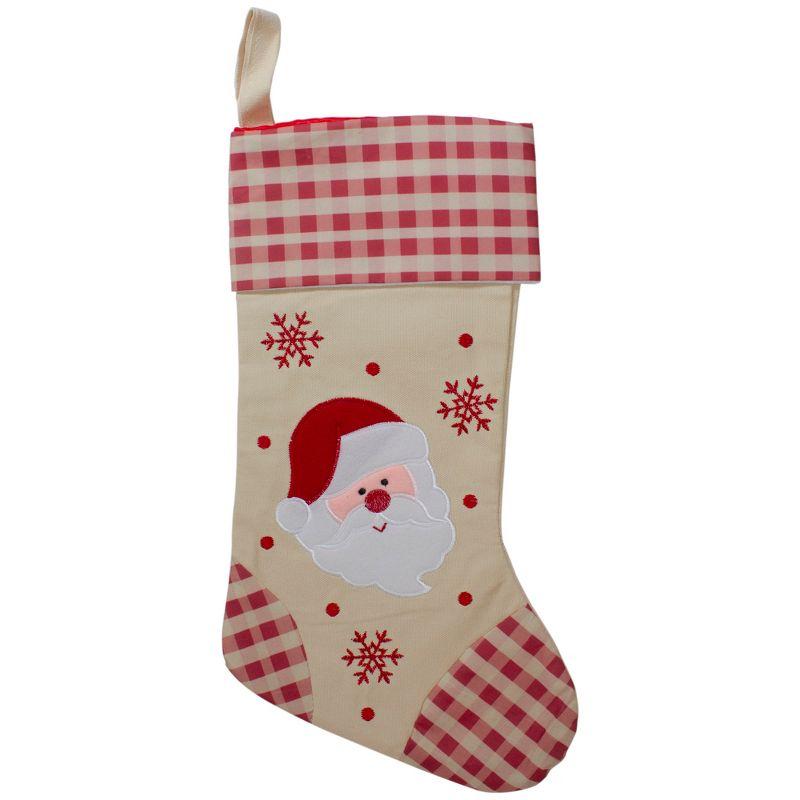 Ivory and Red Embroidered Santa Christmas Stocking with Gingham Cuff