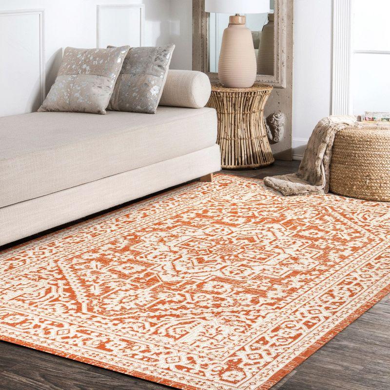 4' x 6' Sinjuri Medallion Textured Weave Indoor/Outdoor Area Rug, Orange/Cream - JONATHAN Y