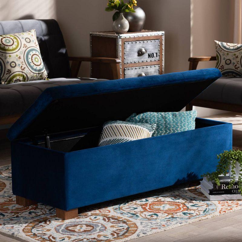 Navy Blue Velvet Tufted Storage Bench with Walnut Legs