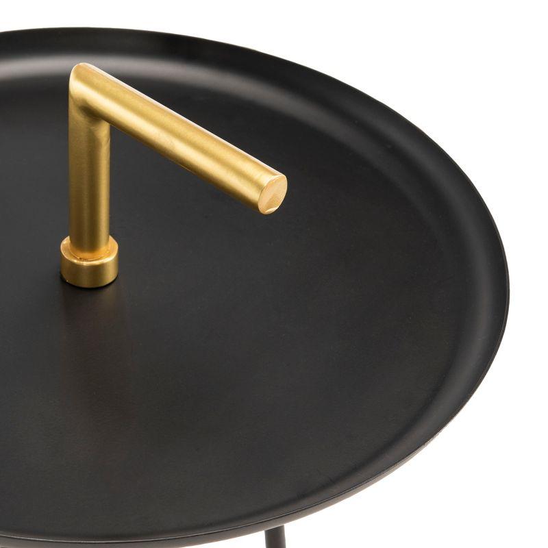 Transitional Round Black & Gold Metal-Wood Side Table with Handle