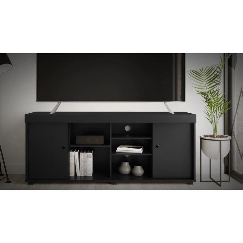 Modern White Particleboard TV Stand with Open Shelves and Cabinet