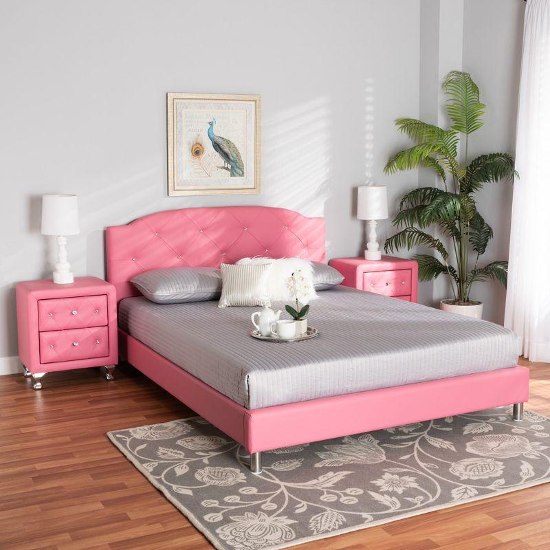 Pink Faux Leather Upholstered Full Size Bed with Nightstands