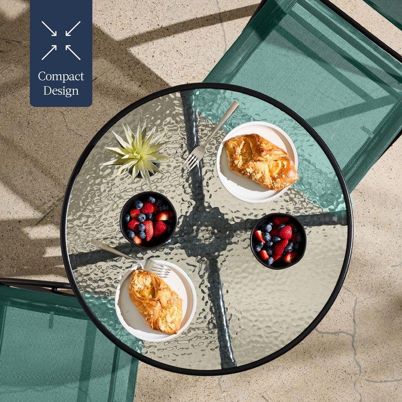 Best Choice Products 3-Piece Patio Bistro Dining Furniture Set w/ Glass Tabletop, Folding Chairs - Dark Green