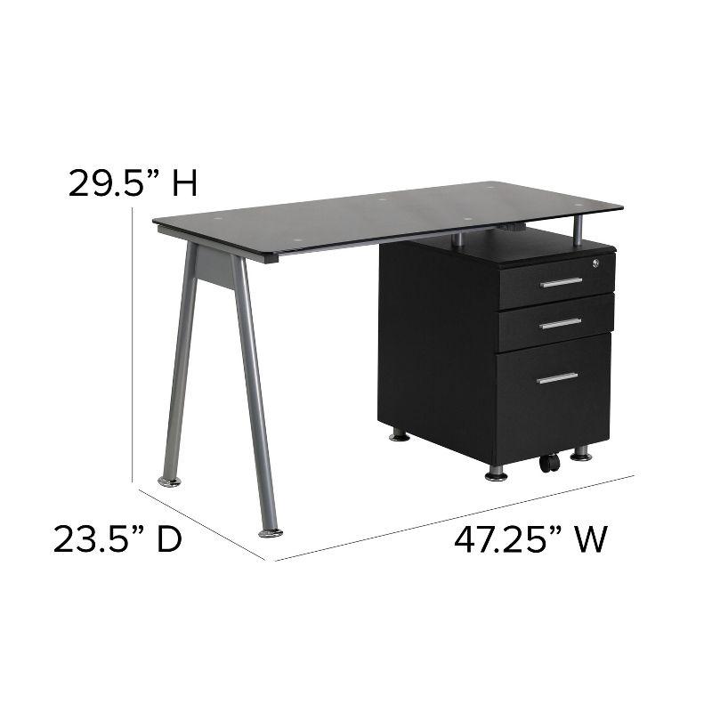 Emma and Oliver Black Glass Computer Desk with Three Drawer Pedestal