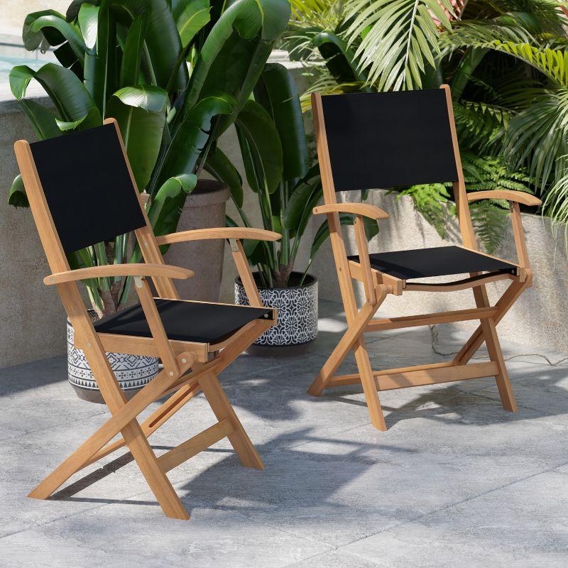 Flash Furniture 2PK All-Weather Acacia Wood and Mesh Folding Bistro Armchairs - Natural/Black