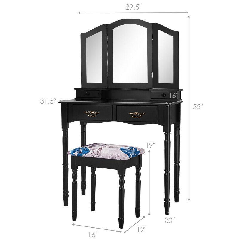 Costway Black Tri Folding Mirror Vanity Makeup Table Stool 4 Drawers