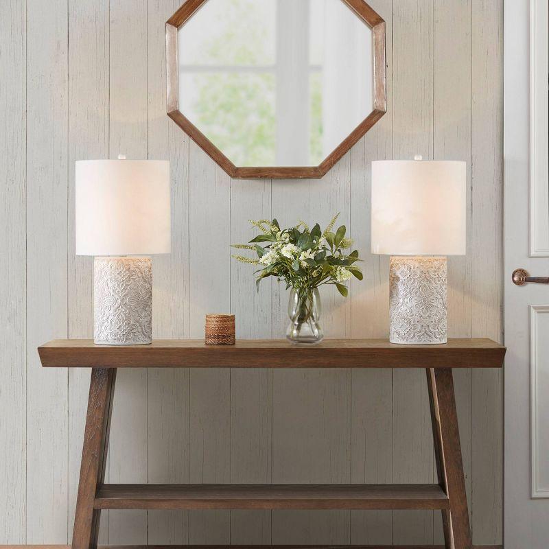 Ink+Ivy Ashbourne Embossed Floral Resin Table Lamp (Includes LED Light Bulb) Ivory : Elegant Nightstand & Decorative Cylinder Shade