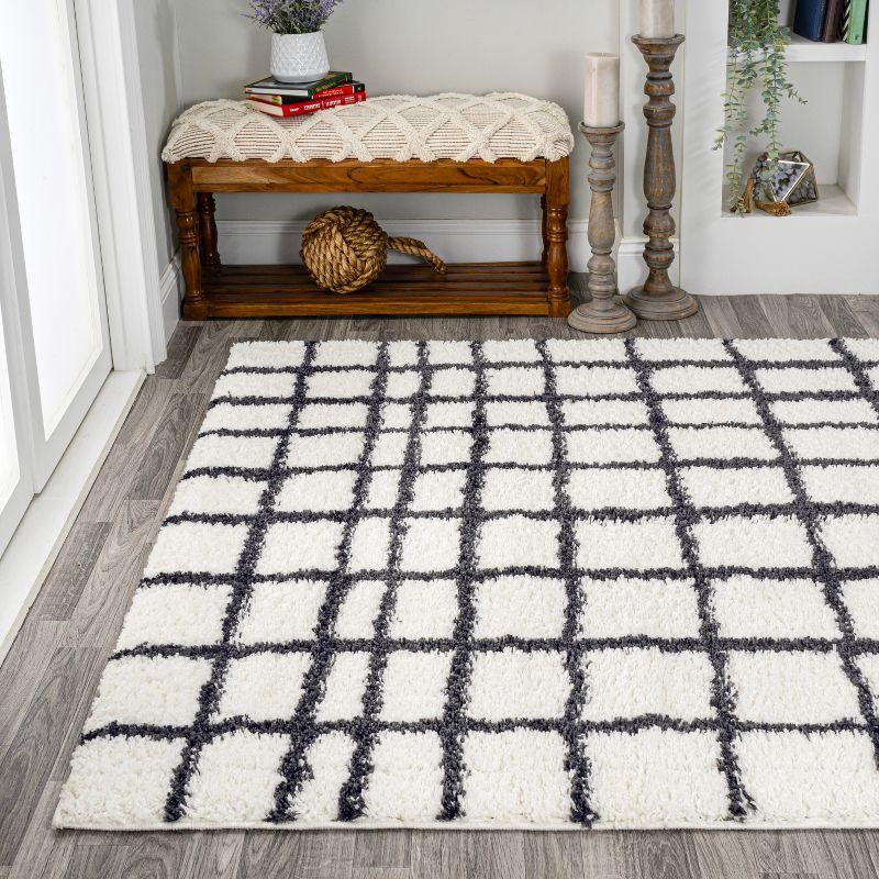 4'x6' Arenal Geometric Grid Shag Area Rug, White/Black - JONATHAN Y