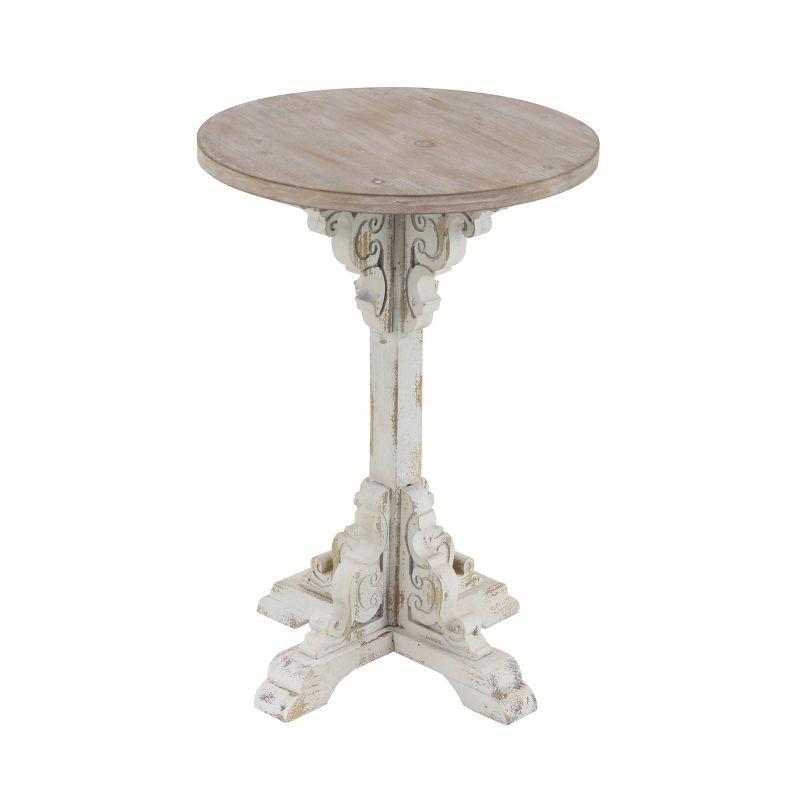 White and Beige Carved Wood Round Accent Table