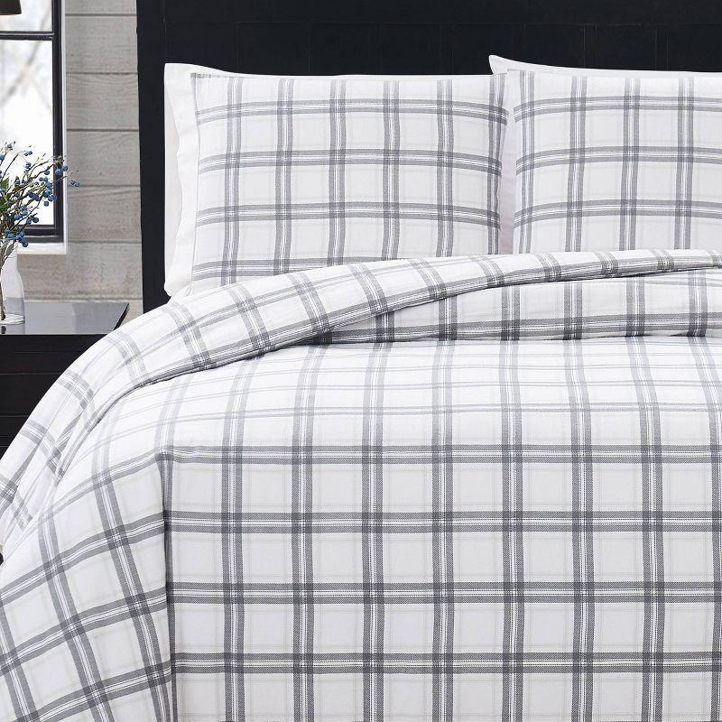 King Gray Plaid Cotton Flannel Duvet and Sham Set