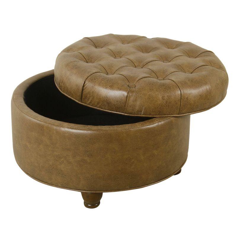 Large Tufted Round Storage Ottoman Faux Leather Distressed Brown - HomePop