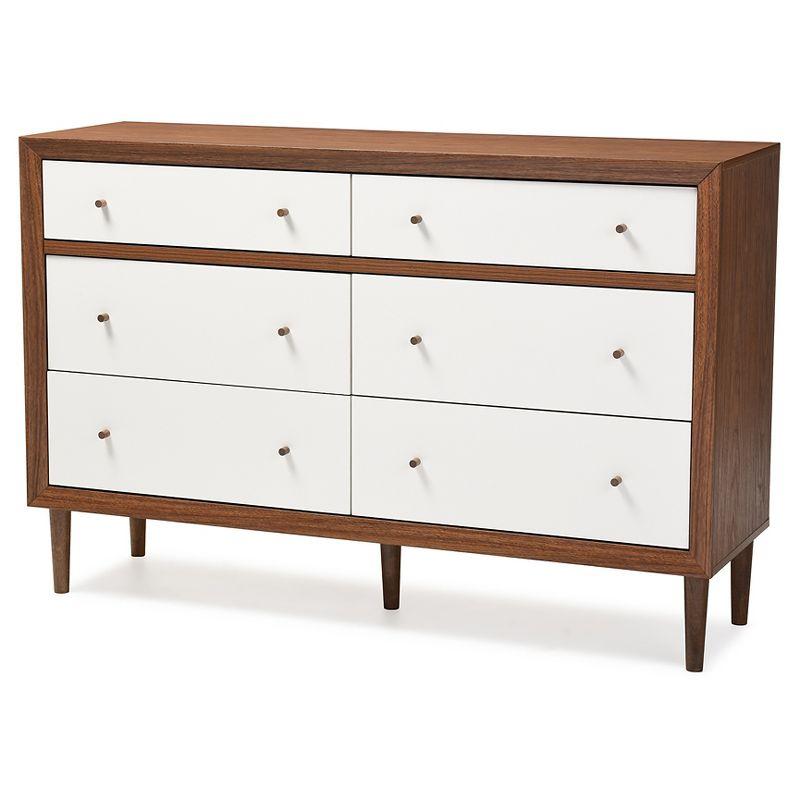 Harlow Mid-Century Modern Scandinavian Style Wood 6 Drawer Storage Dresser White/Walnut - Baxton Studio: Rubberwood Legs, Splayed Design