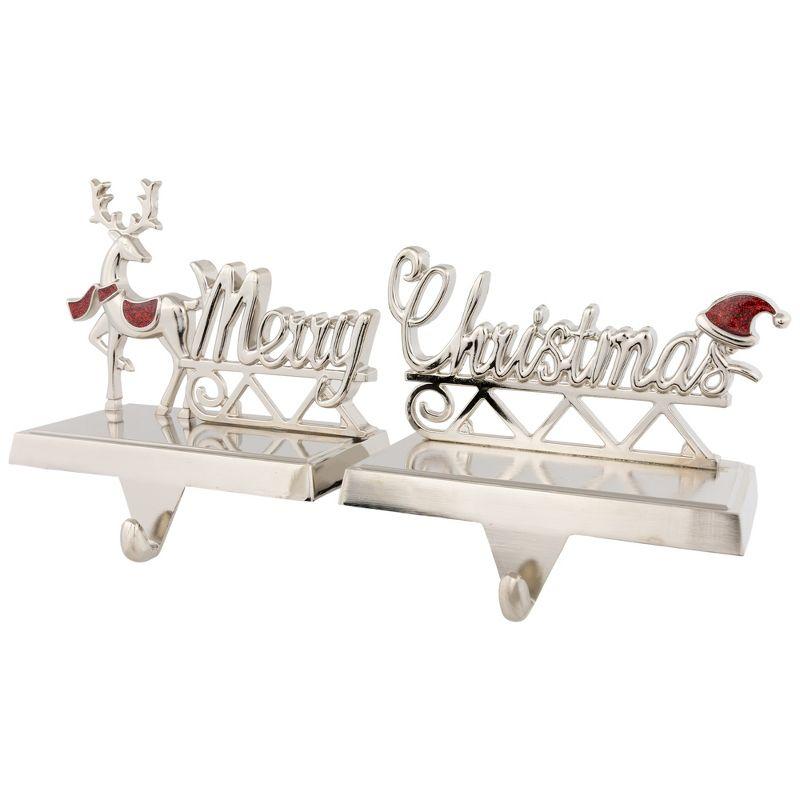 Set of 2 Silver Reindeer Merry Christmas Metal Stocking Holders