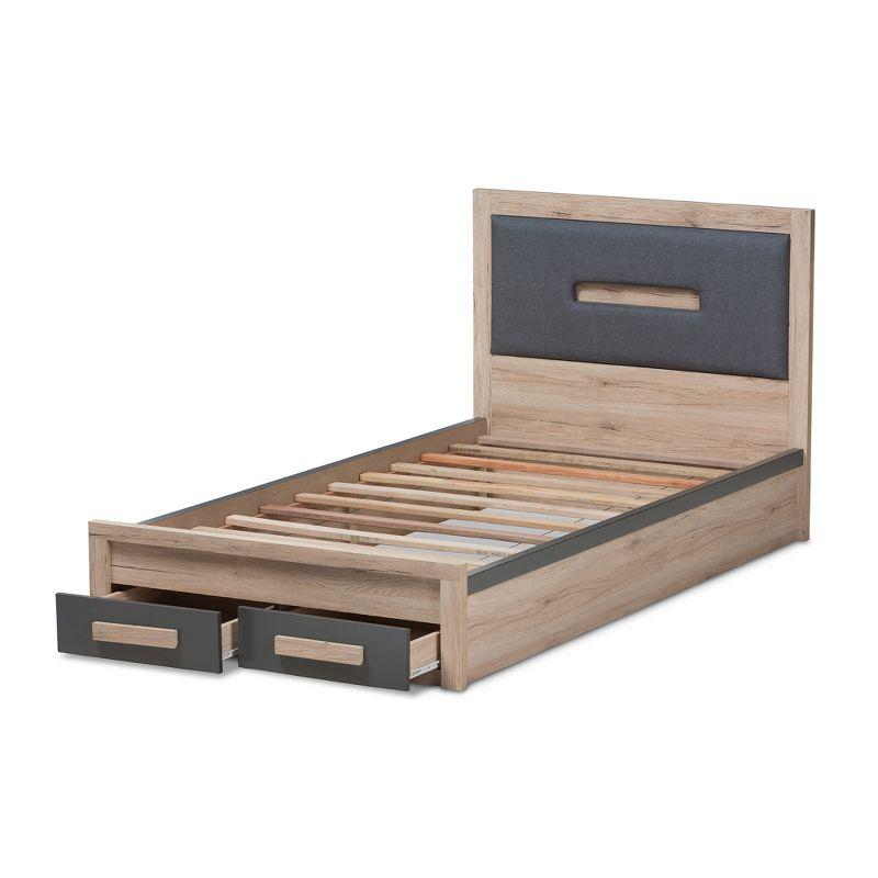 Baxton Studio Twin Pandora Modern and Contemporary Two Tone 2 Drawer Size Storage Platform Bed Dark Gray/Natural: Upholstered Headboard