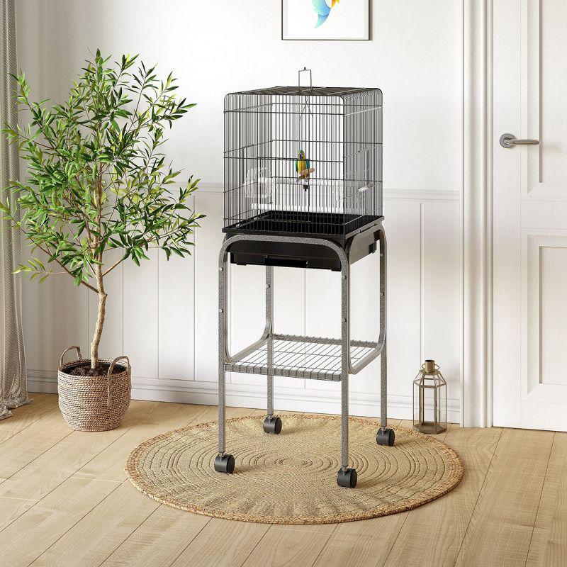 PawHut 44.5" Metal Indoor Bird Cage Starter Kit With Detachable Rolling Stand, Storage Basket, And Accessories - Black