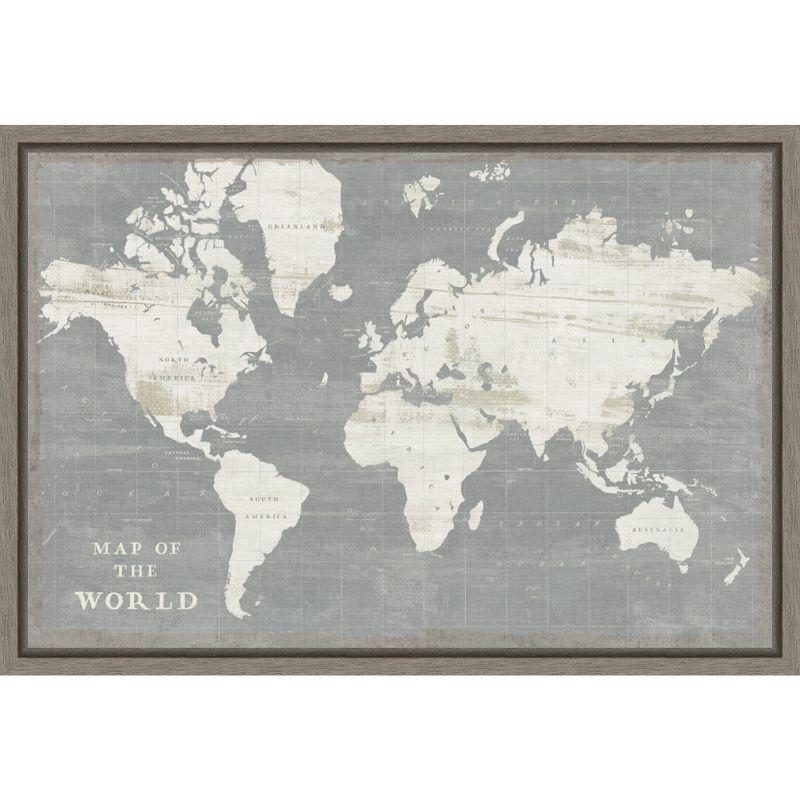 Slate Gray and White Framed Canvas World Map Print