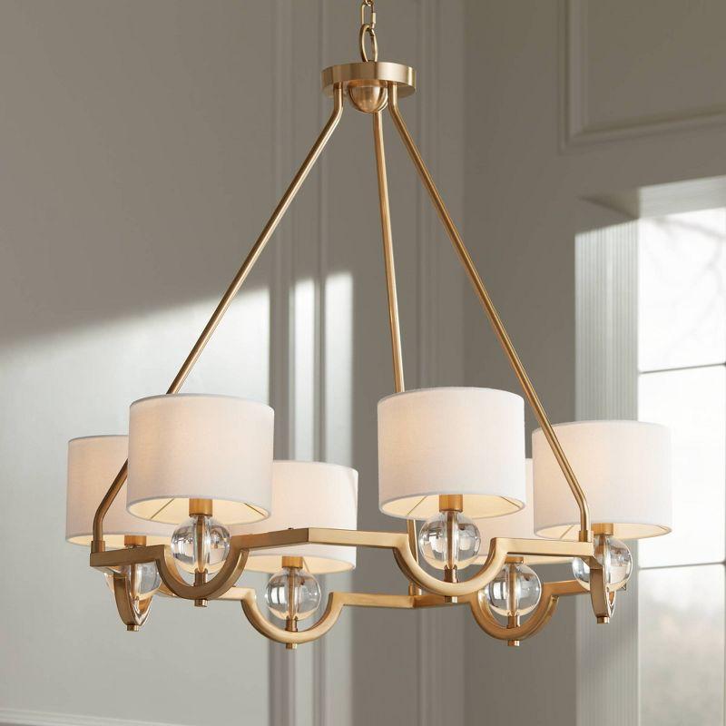 Stiffel Warm Brass Chandelier 32" Wide Modern Clear Crystal Off White Drum Shade 6-Light Fixture for Dining Room House Kitchen