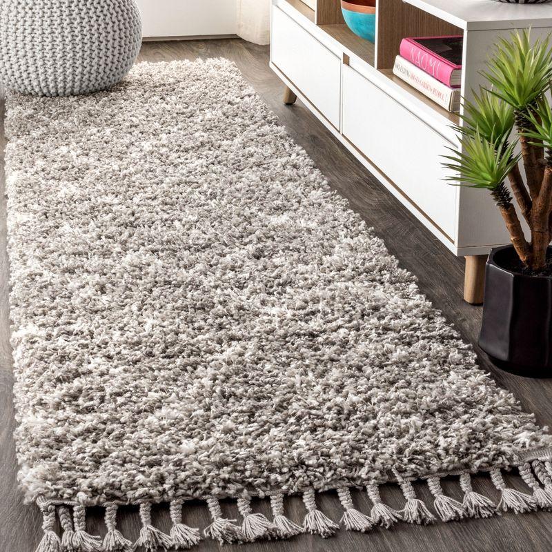 2'x8' Mercer Shag Plush Tassel Moroccan Geometric Trellis Area Rug, Grey/Cream - JONATHAN Y